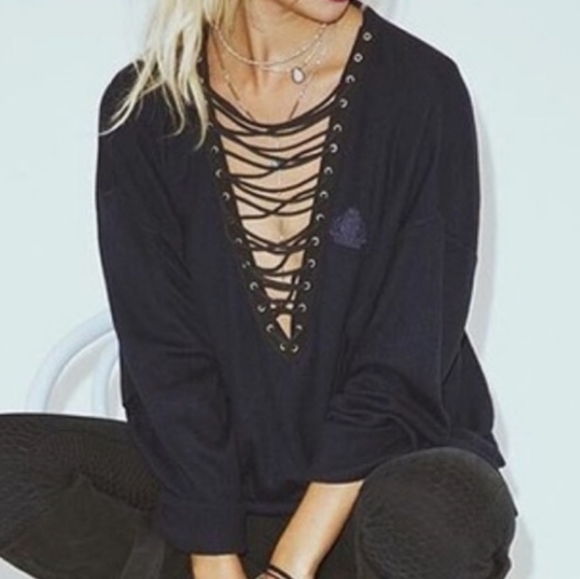 Furst of a Kind Blue Lace Up Sweater - Picture 4 of 9